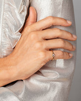 Rose Cut Pear Diamond Ring on model.