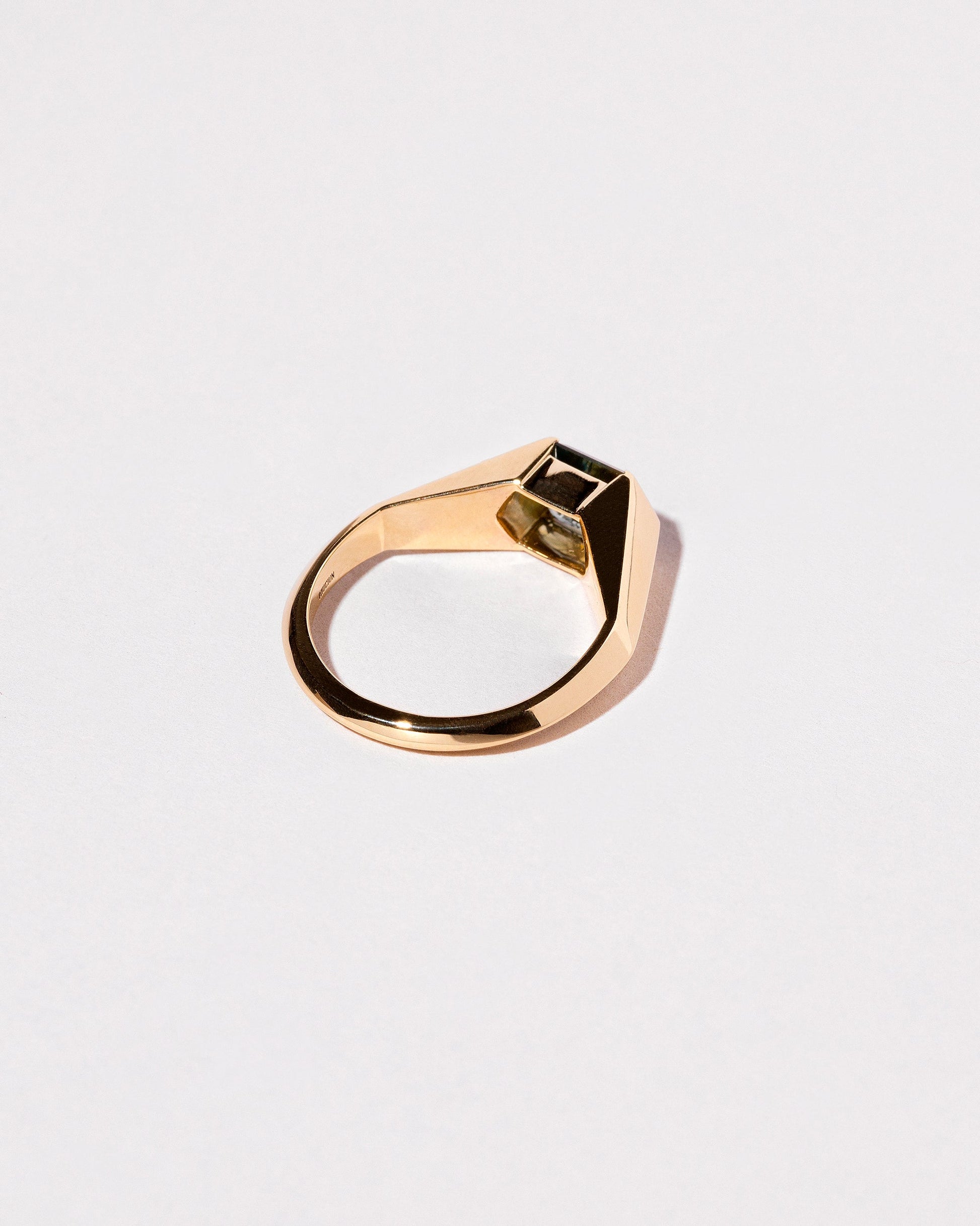 View from the back of the Caelum Ring on light color background.
