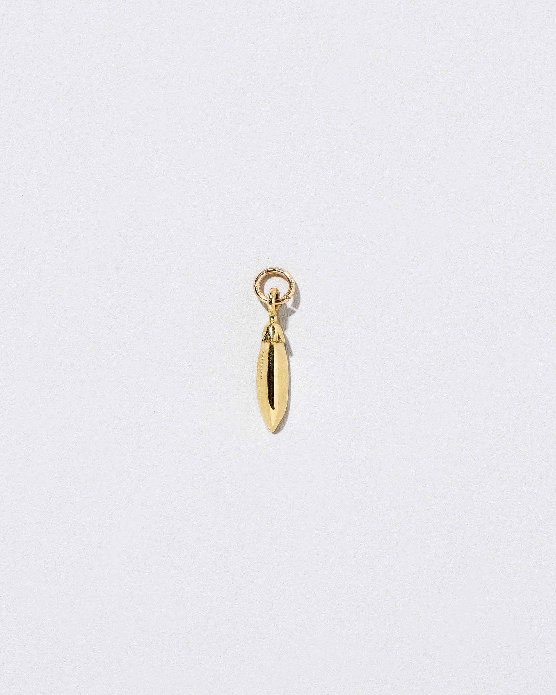 View from the back of the Snap Pea Charm on light color background.