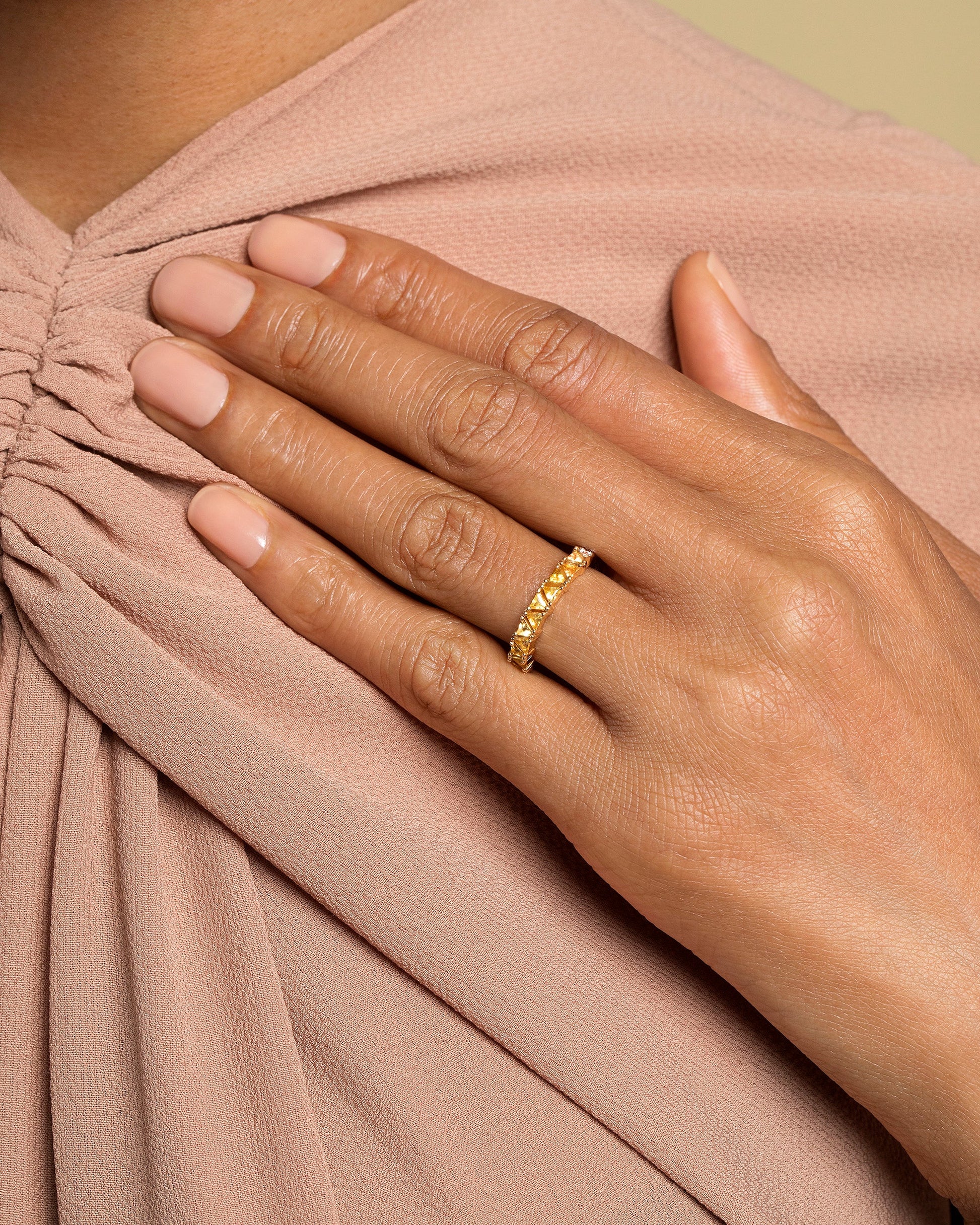 Yellow Sapphire Eleven Trillion Ring on model.