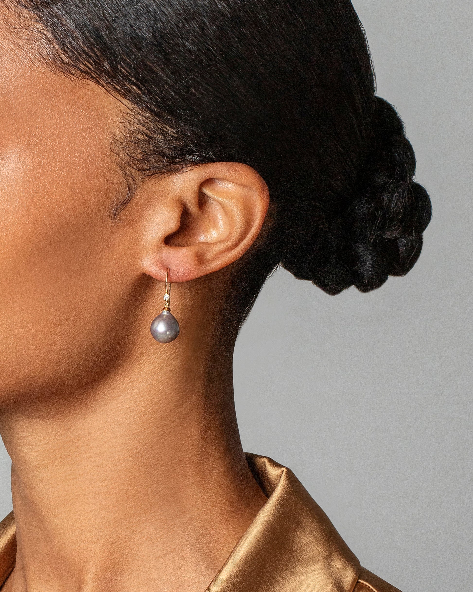 Moon Drop Earrings on model.