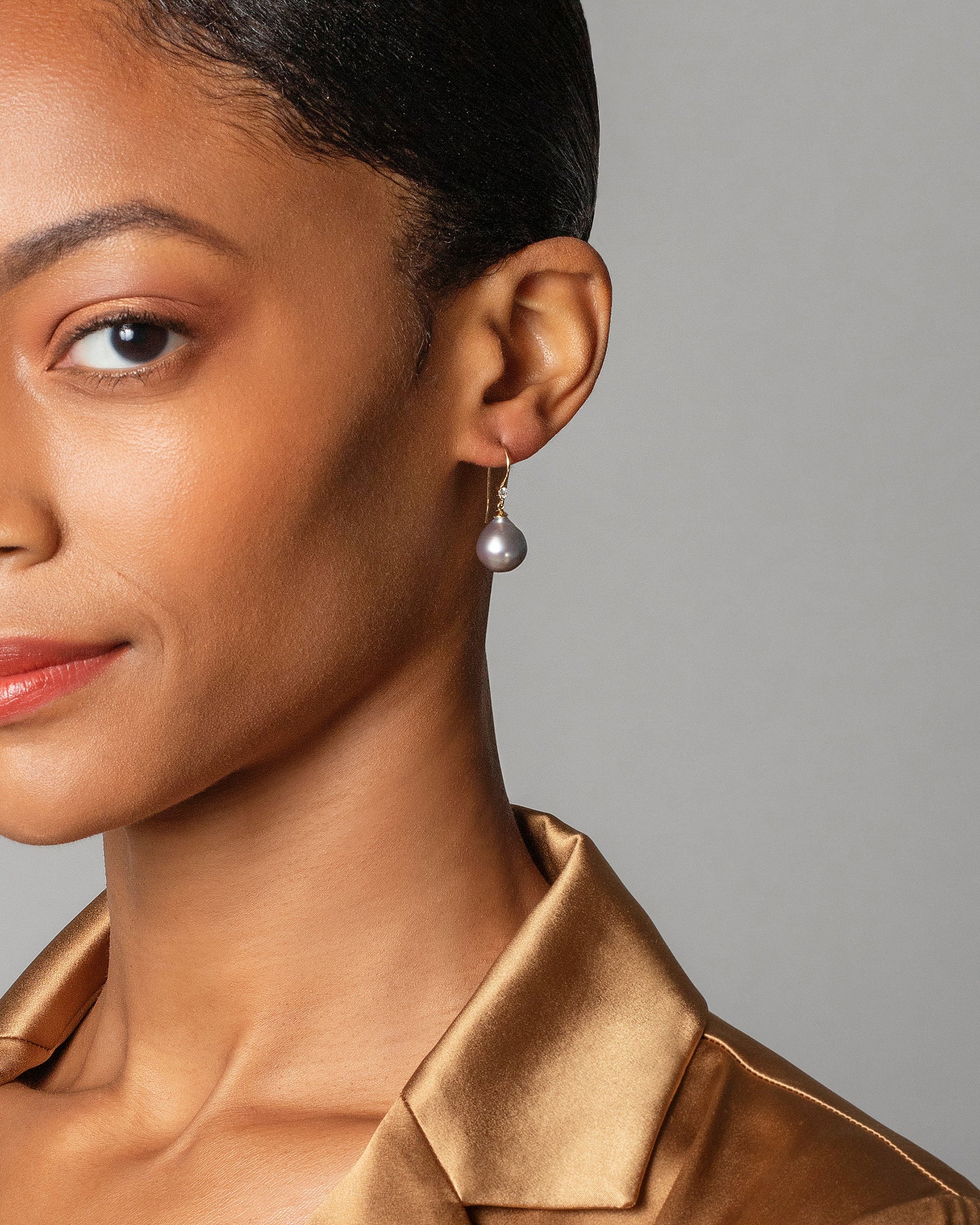 Moon Drop Earrings on model.