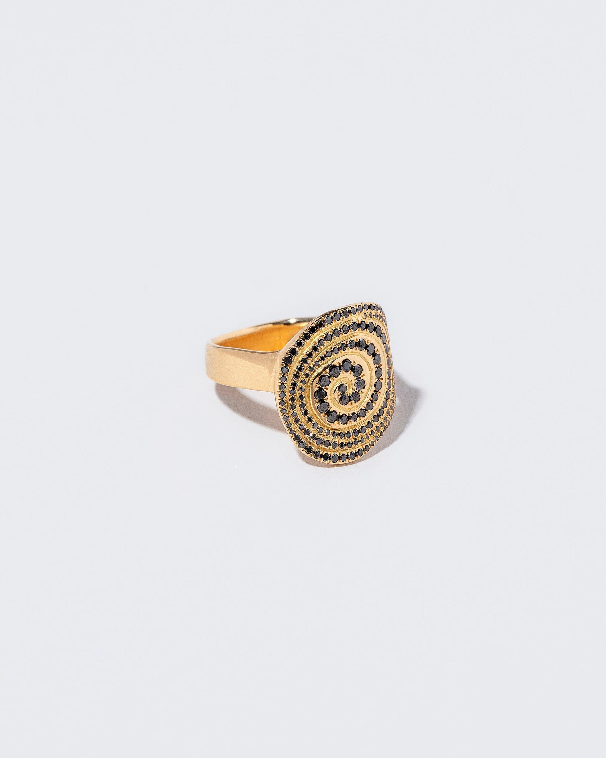 Closeup details of the Black Diamond Lifecycle Ring on light color background.